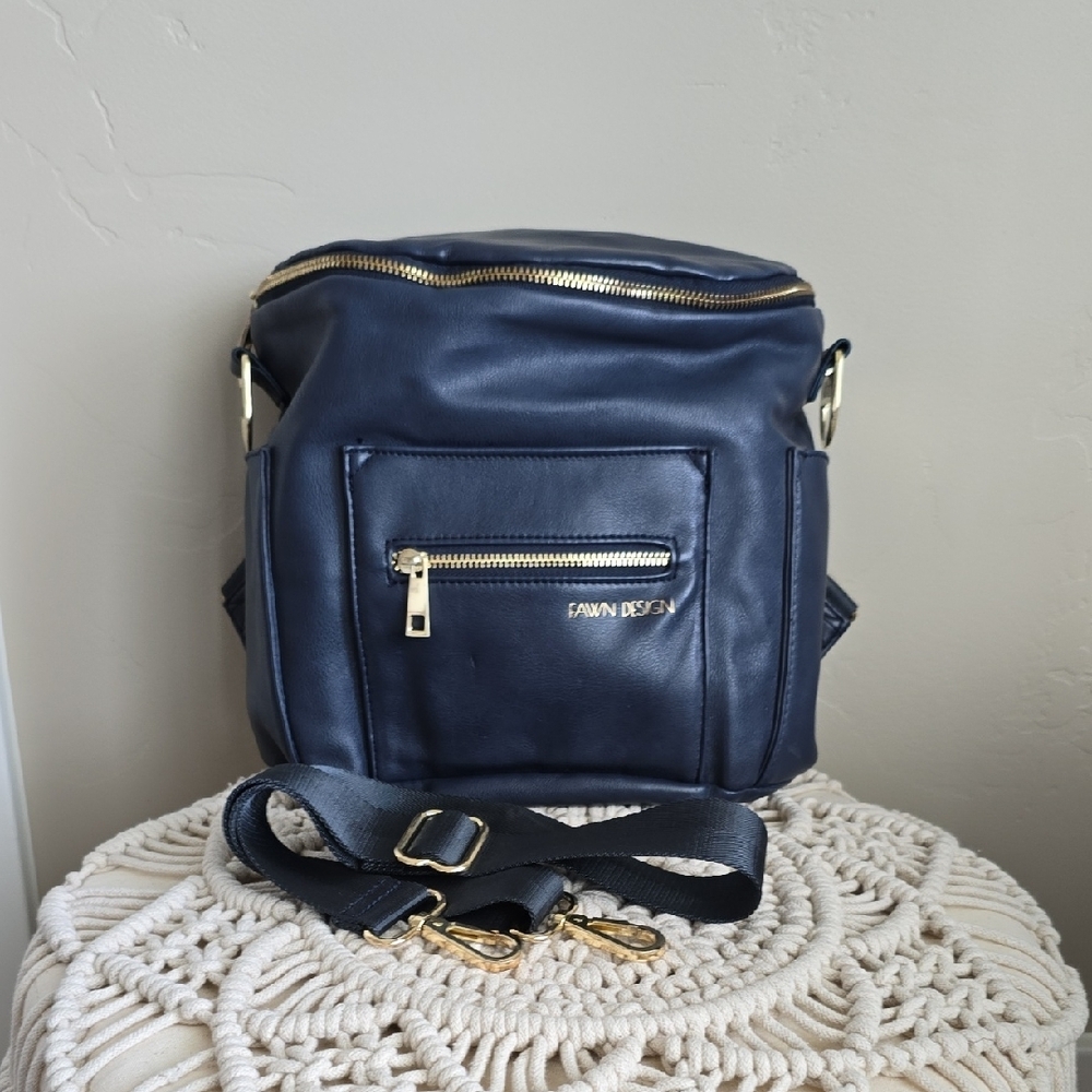 Fawn Design Navy Leather Bag with Gold Details
